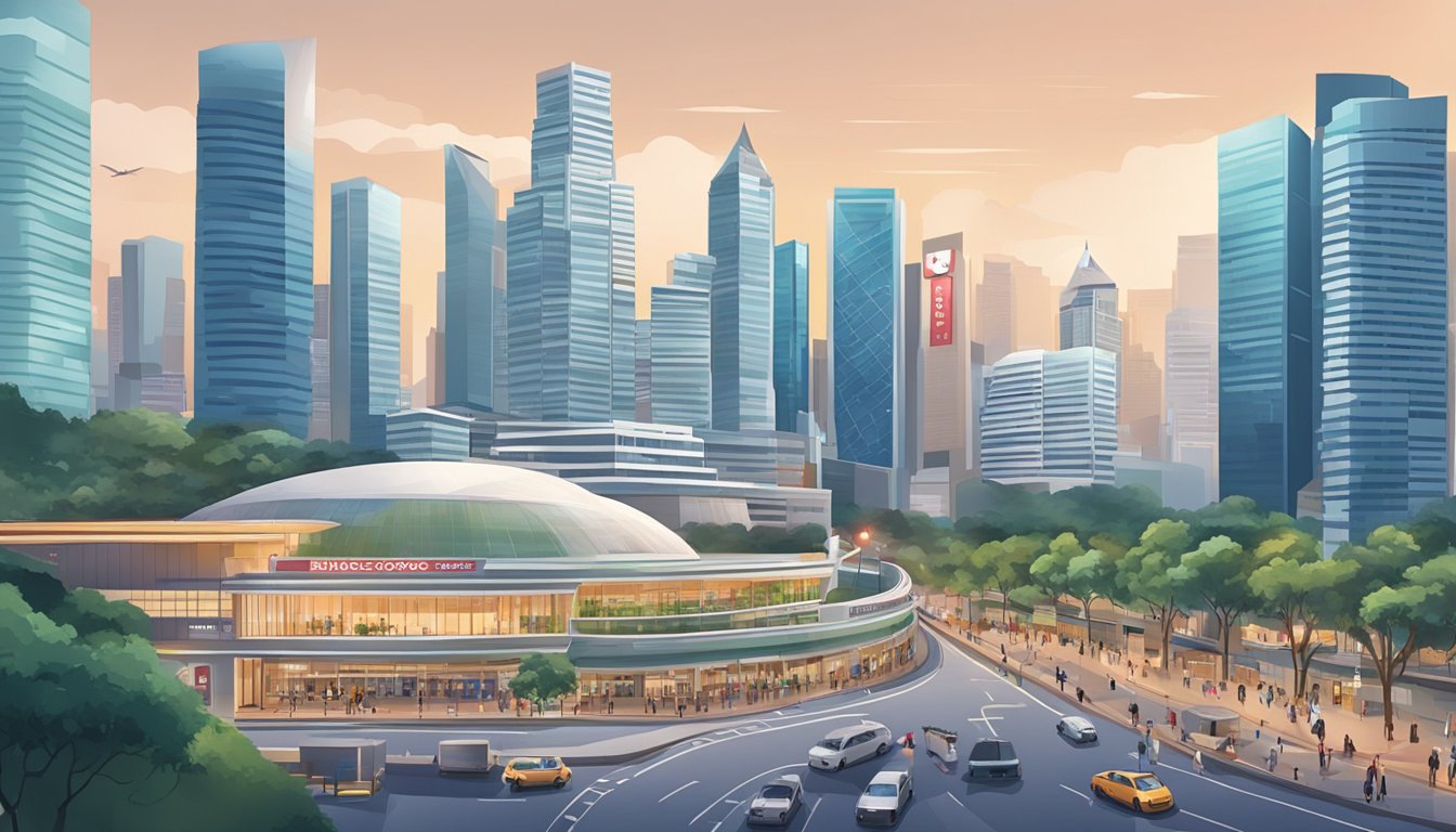 A bustling cityscape with iconic Singapore landmarks and a prominent HSBC branch in the foreground