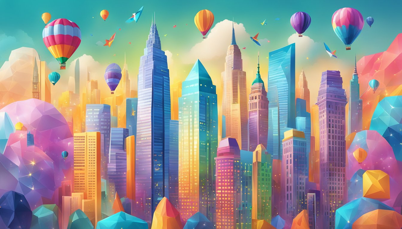 A vibrant cityscape with iconic landmarks, a sleek HSBC credit card, and a burst of colorful rewards points floating in the air