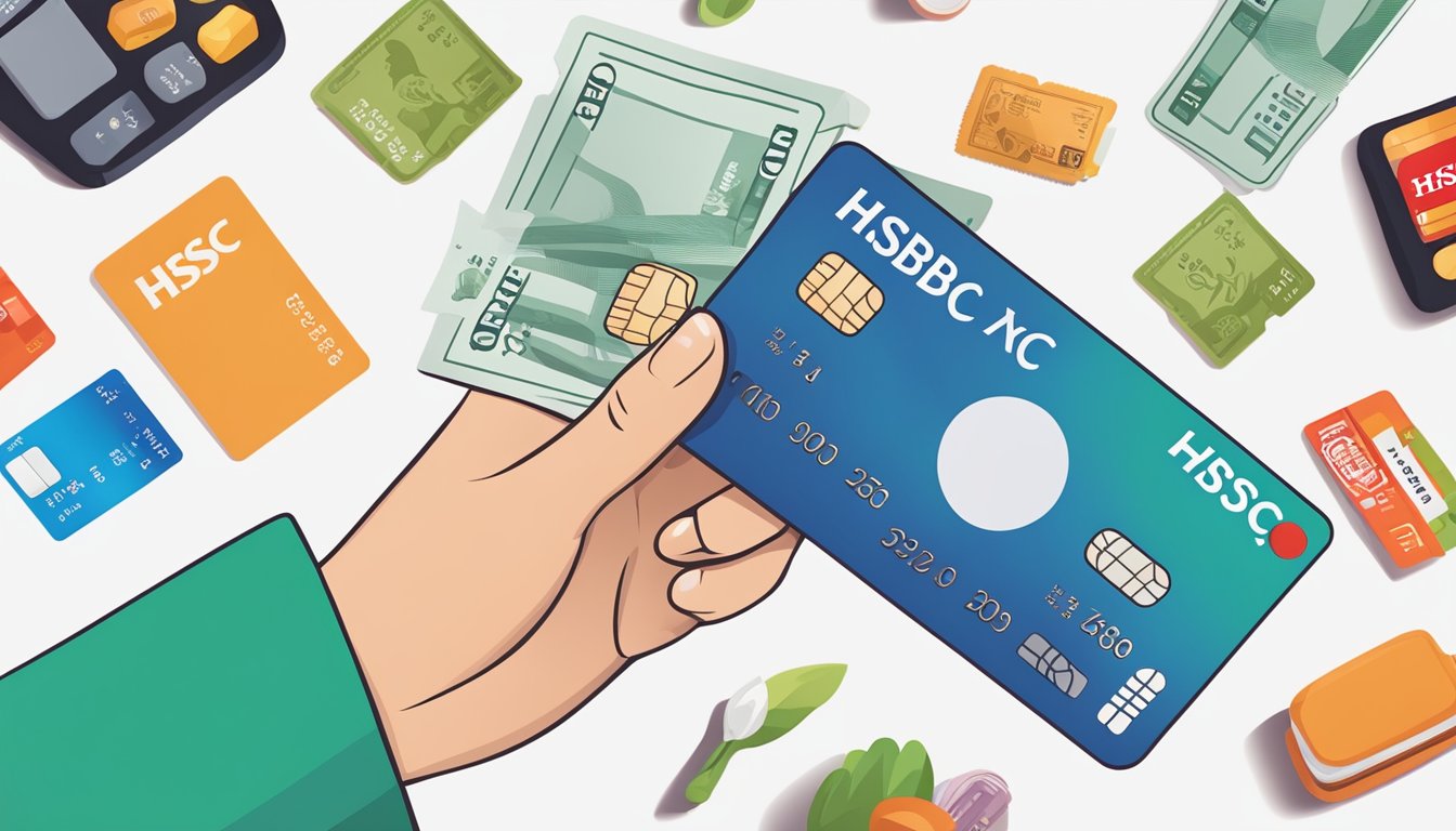 A hand holding a credit card with HSBC logo, surrounded by various items like travel tickets, shopping bags, and dining vouchers
