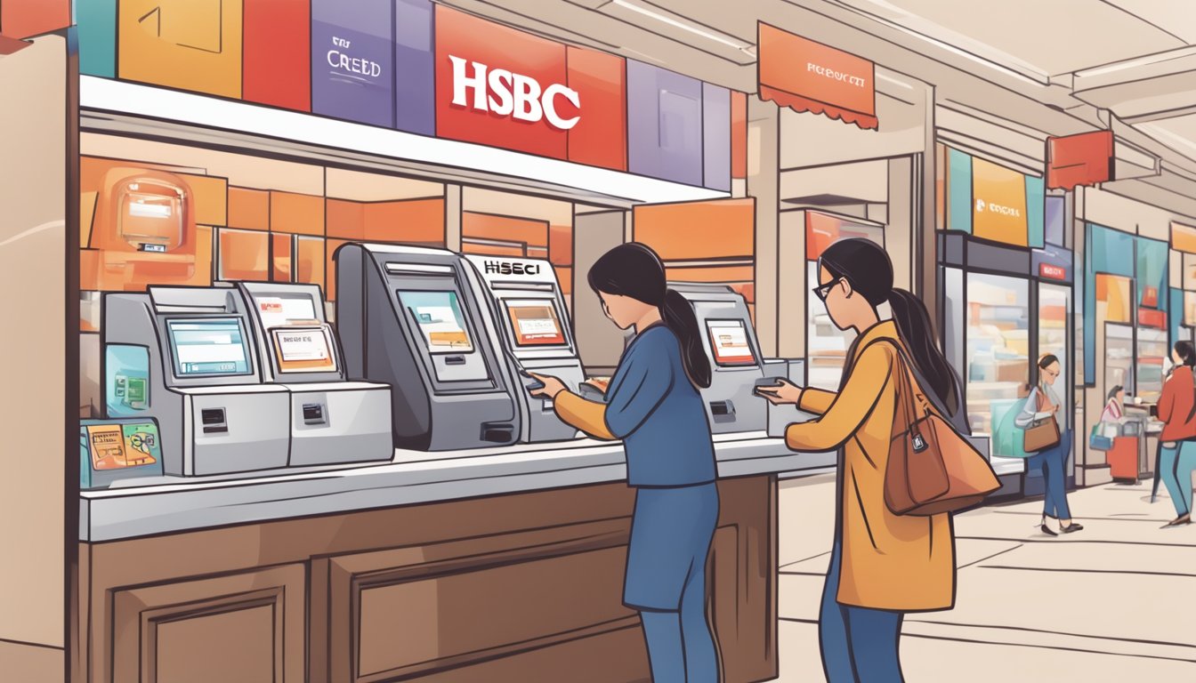 A person swiping an HSBC credit card at a store, with a display of various rewards and points redemption options in the background