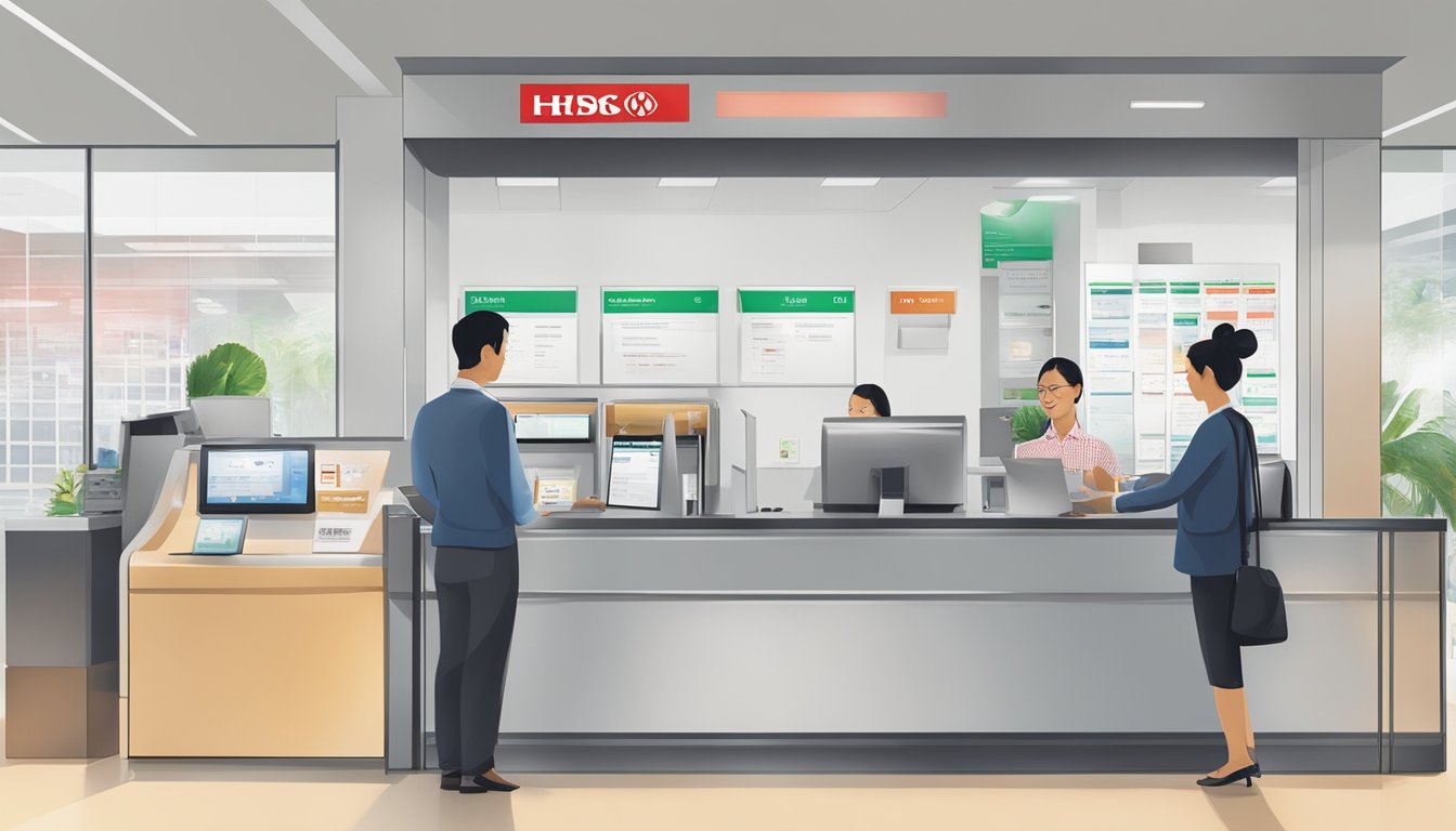 A customer at a bank counter redeeming HSBC points for additional financial products and services in Singapore