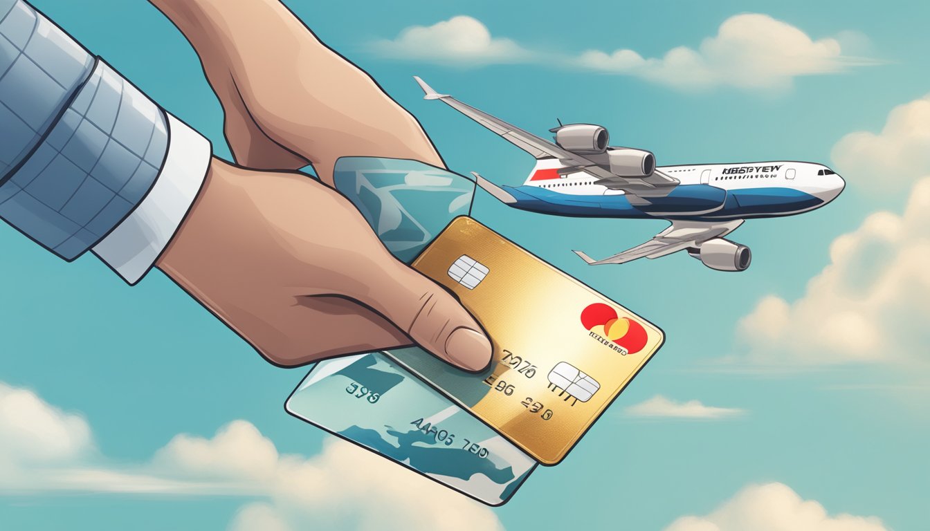 A hand holding an HSBC credit card, with a plane flying in the background, and a KrisFlyer logo in the corner