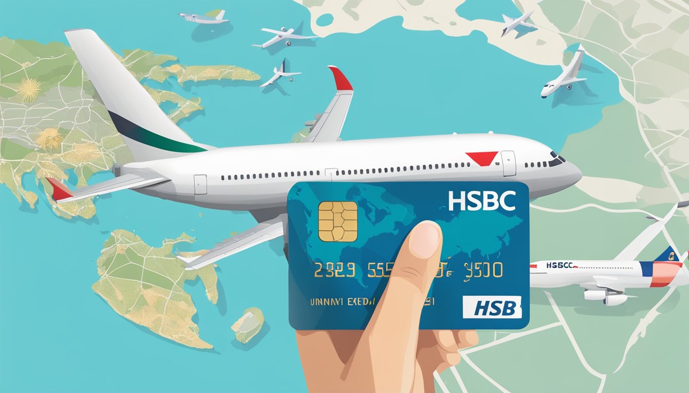 A hand holding an HSBC credit card with KrisFlyer logo, surrounded by a map of Singapore and an airplane flying towards the city