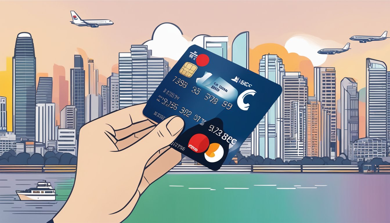 A hand holding an HSBC credit card with a redemption options brochure, surrounded by KrisFlyer miles and the Singapore skyline