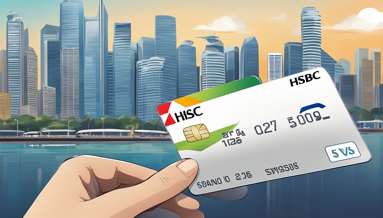 A person swipes an HSBC credit card, transferring points to KrisFlyer miles, with the Singapore skyline in the background
