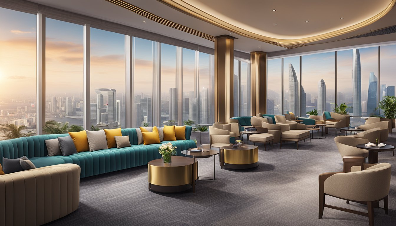 A luxurious HSBC Premier Singapore lounge with modern decor and comfortable seating, overlooking the city skyline