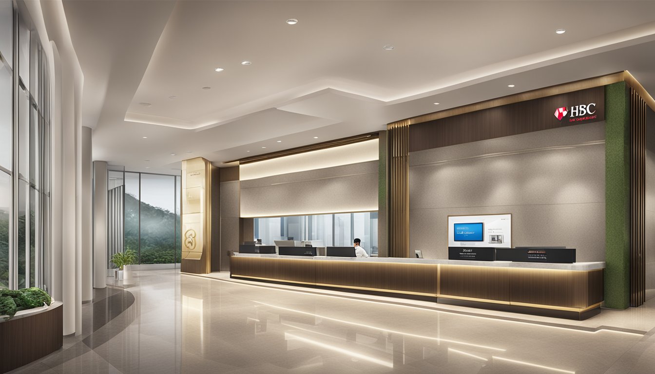 A luxurious, modern bank branch with sleek design and the HSBC Premier Singapore logo prominently displayed