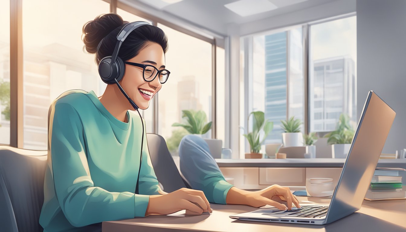 A smiling customer effortlessly manages their finances using HSBC Premier Singapore's online banking platform