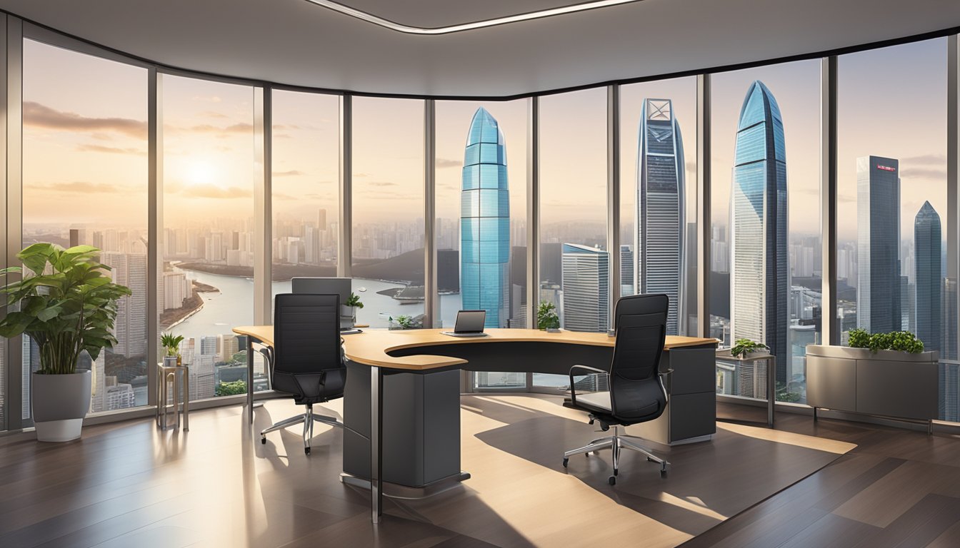 A luxurious office with modern furnishings and a skyline view, showcasing the logo of "HSBC Premier Singapore" prominently displayed on the wall