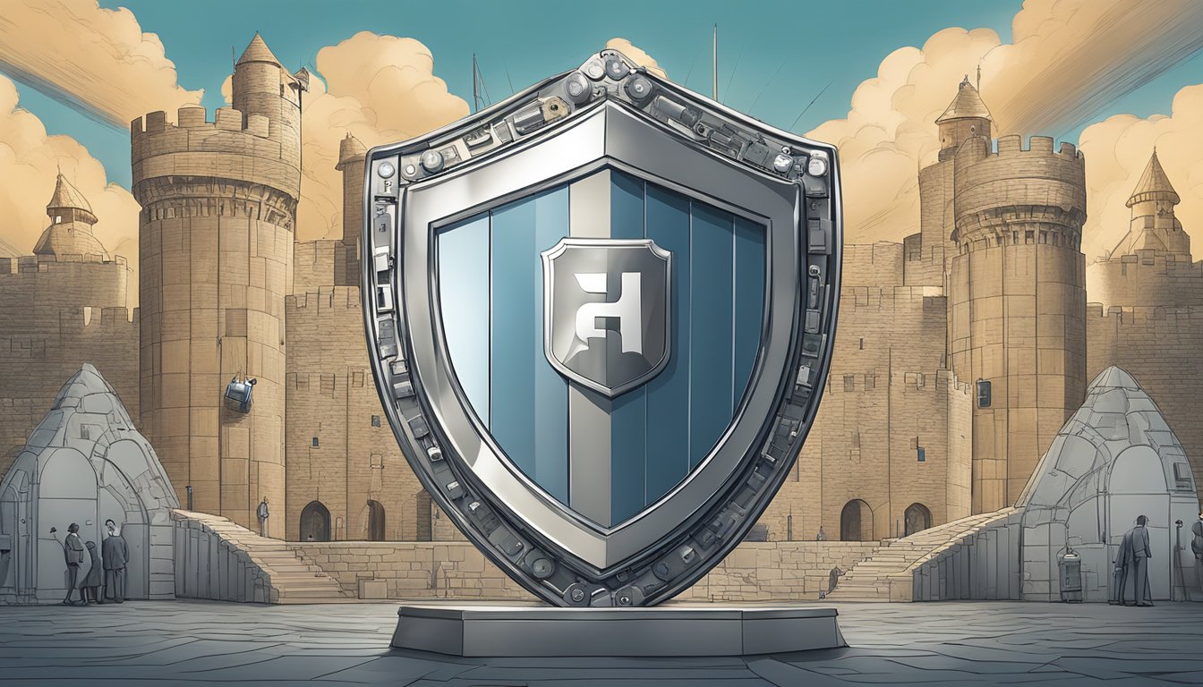 A sturdy shield with the HSBC Premier logo stands tall, surrounded by a fortress of insurance documents and security locks