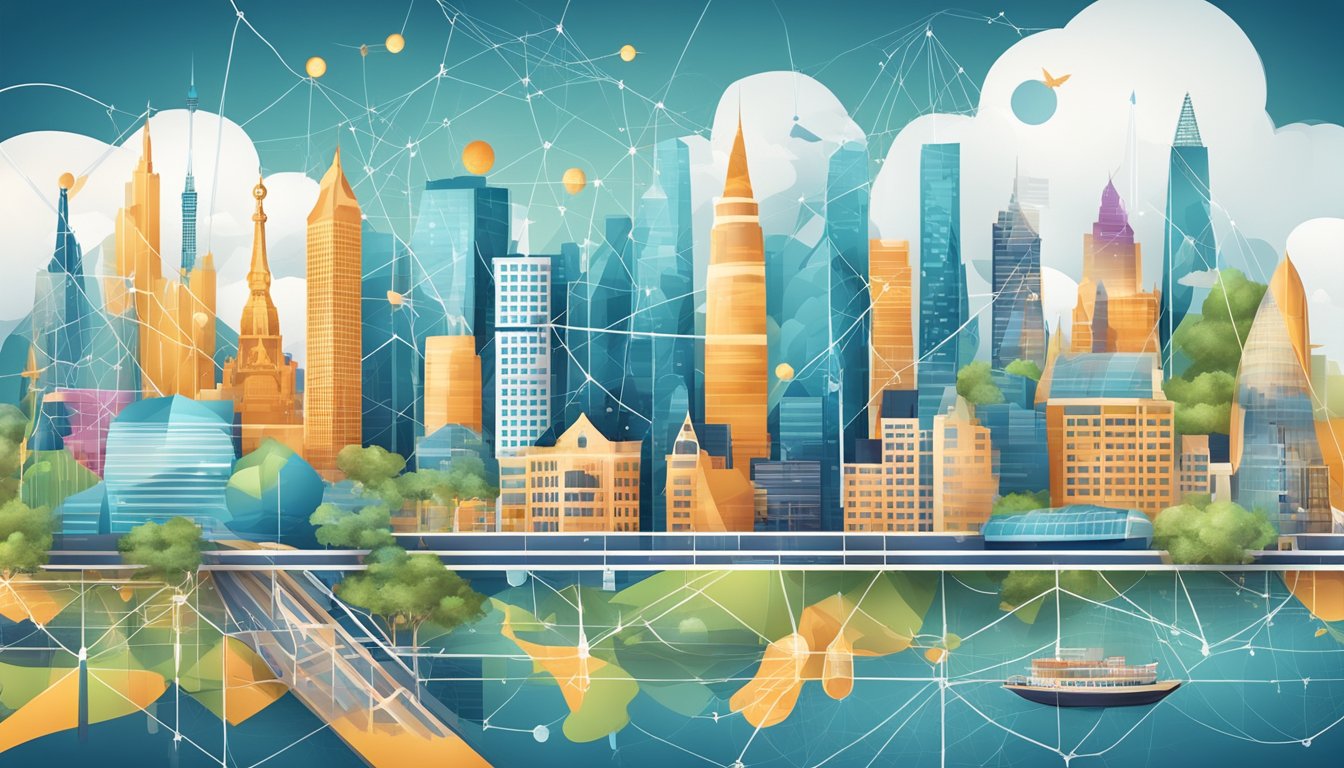A modern city skyline with iconic buildings and landmarks, surrounded by a network of global connections and financial symbols