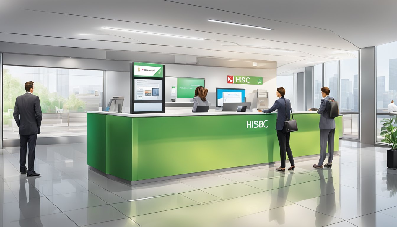 A modern, sleek bank branch with a prominent "HSBC Premier" sign, customers interacting with staff, and informational displays