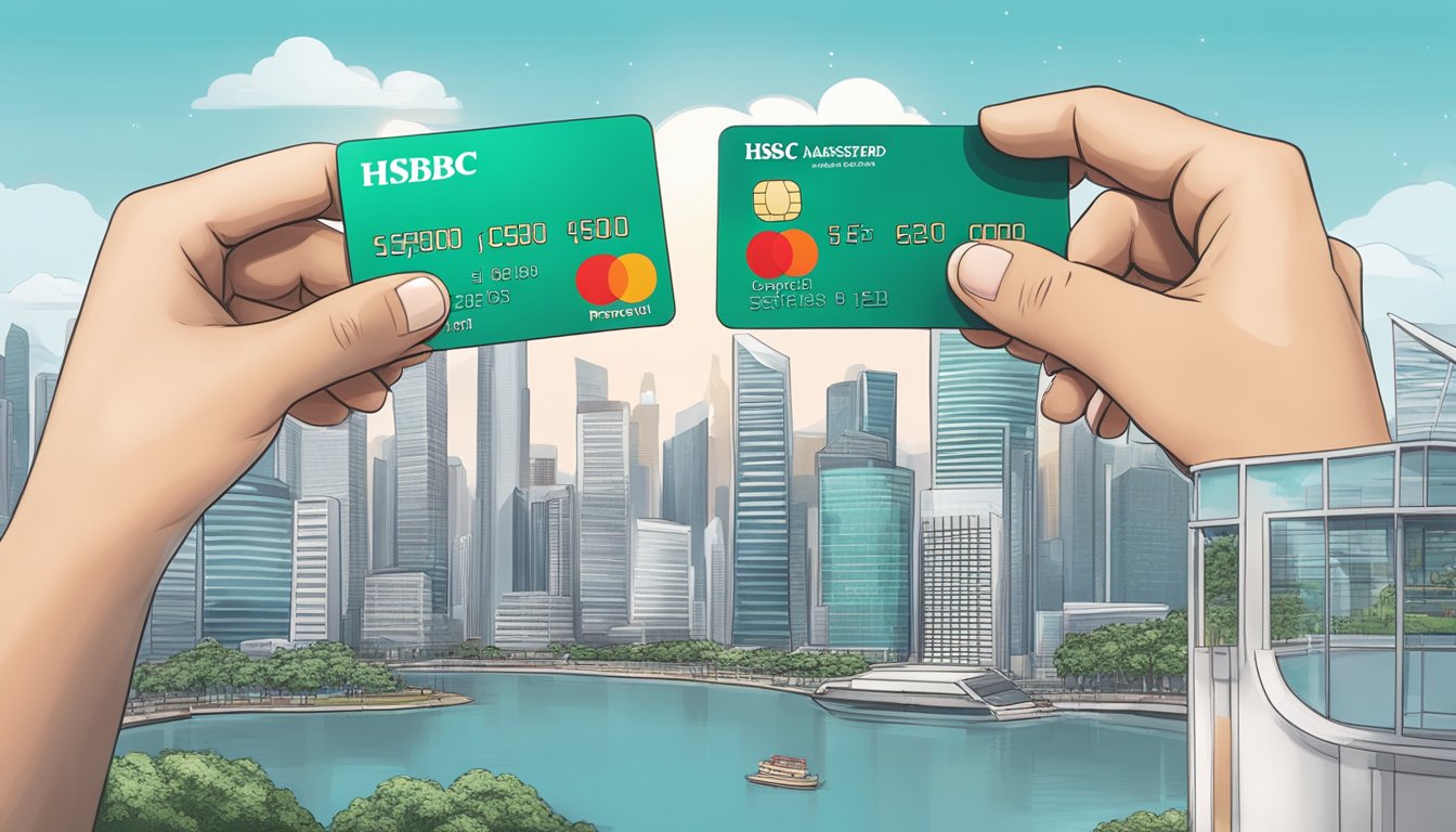 A hand holding an HSBC Premier Mastercard in front of a Singaporean skyline, with cashback rewards floating around the card