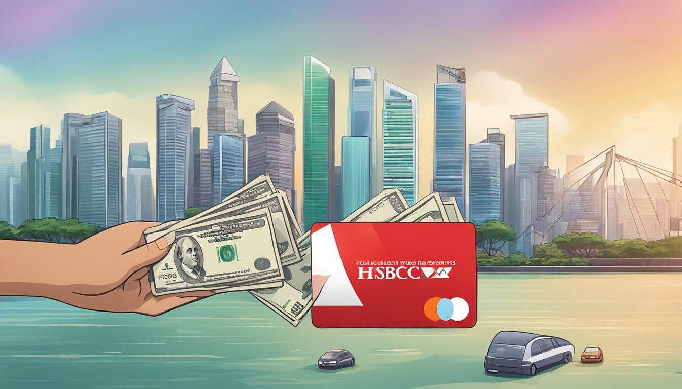A hand holds an HSBC Premier Mastercard, surrounded by cash and a Singaporean skyline in the background