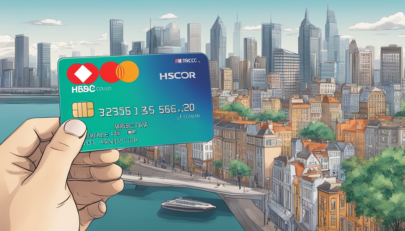 A hand holding an HSBC Premier Mastercard, with a city skyline in the background, showcasing both local and international use
