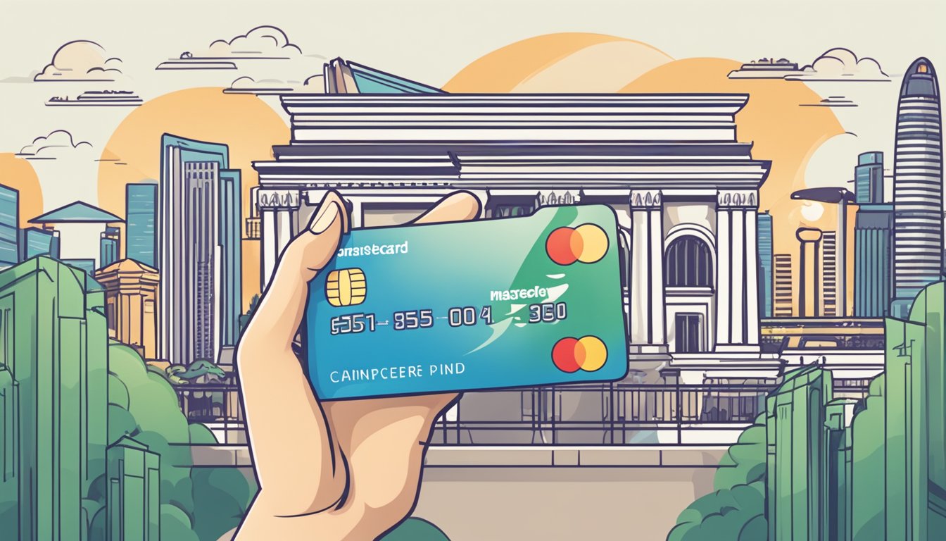 A hand holds a Premier Mastercard with cash back perks, surrounded by iconic Singapore landmarks