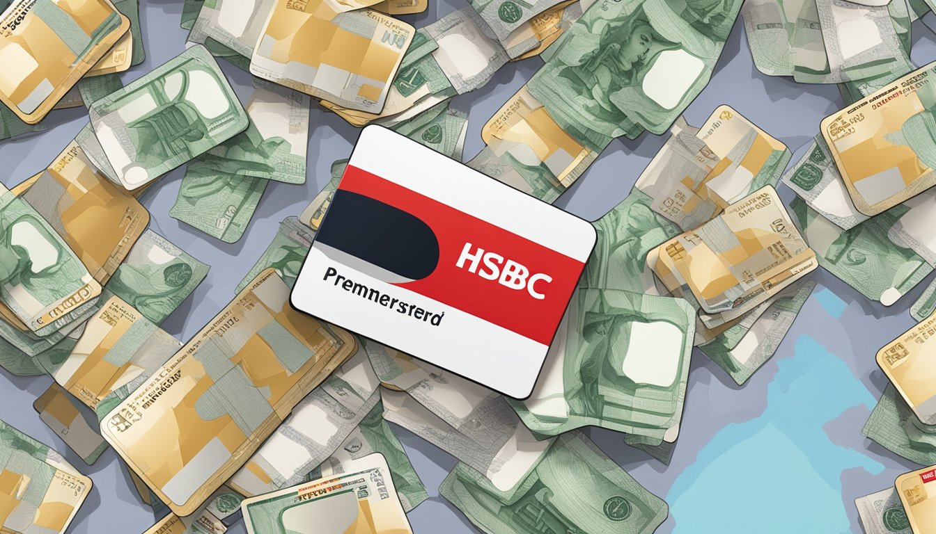 A stack of credit cards with "HSBC Premier Mastercard" logo, surrounded by cash and a map of Singapore