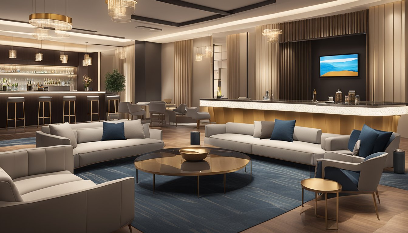 A luxurious lounge with modern furnishings and a sleek bar, showcasing the HSBC Premier Mastercard logo. Guests enjoy the exclusive amenities and comfortable seating