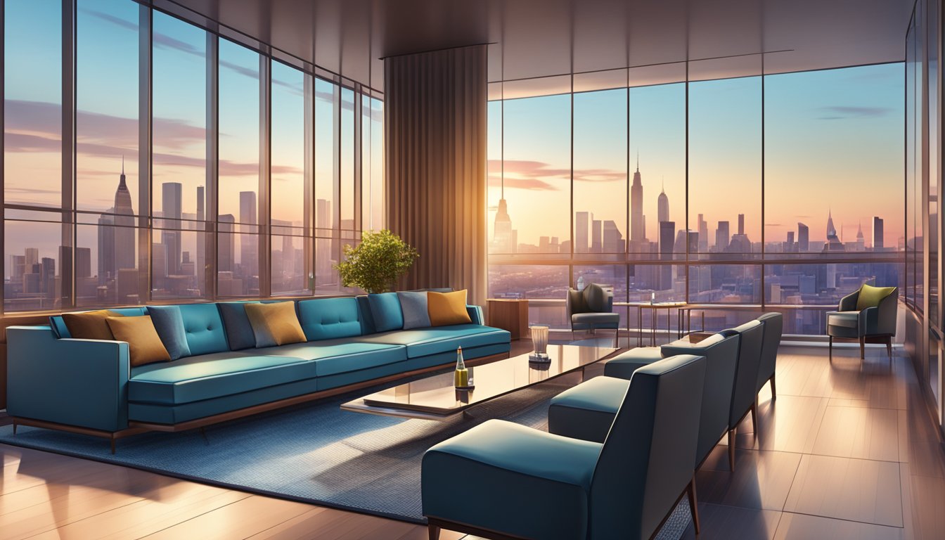 A sleek and modern lounge with comfortable seating, a stylish bar, and large windows offering a view of the city skyline