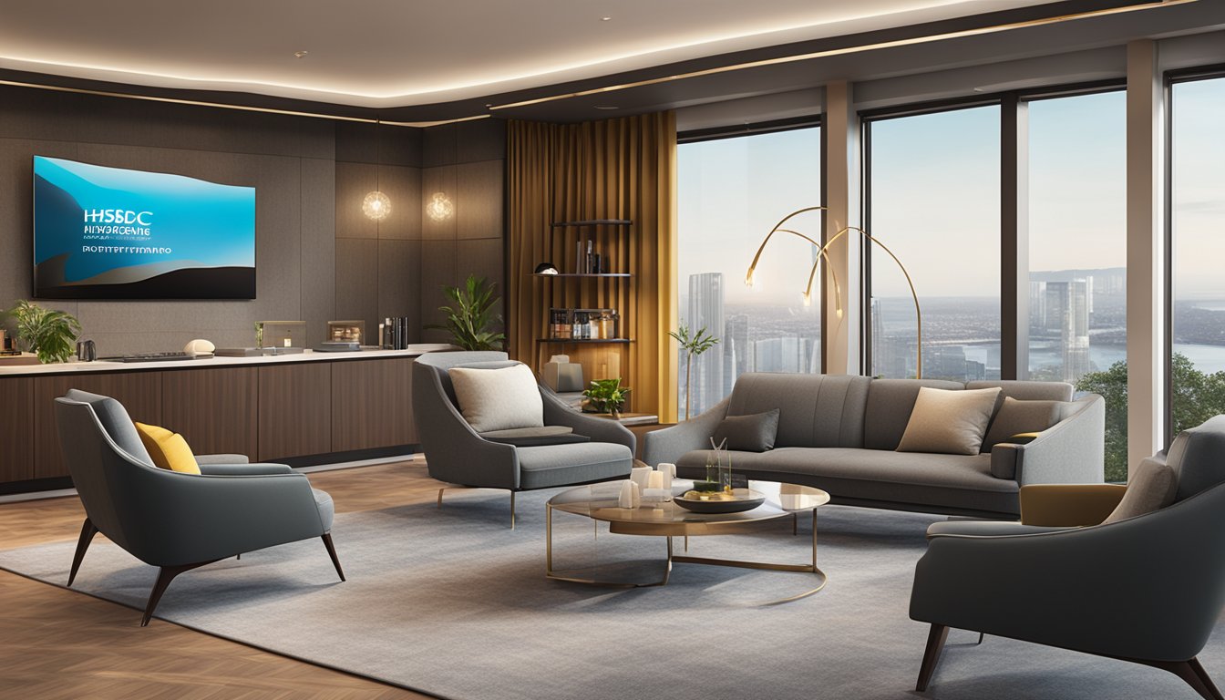 A luxurious lounge with modern furnishings and a sleek design, featuring the HSBC Premier Mastercard logo prominently displayed