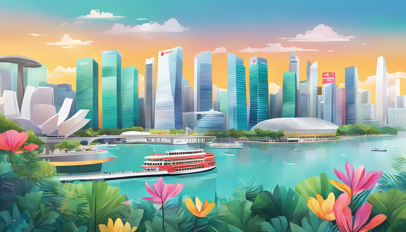 A vibrant cityscape with iconic Singapore landmarks and HSBC branding displayed prominently