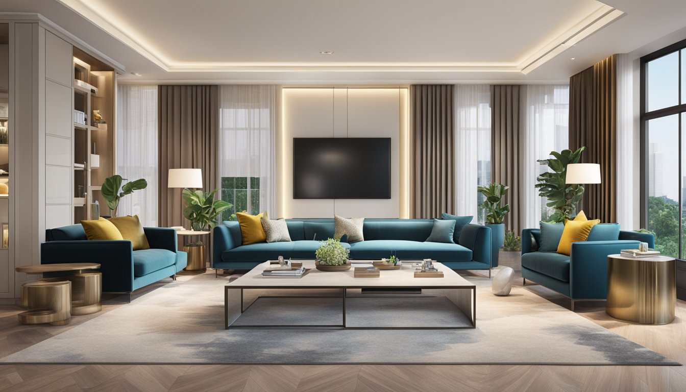 A luxurious living room with modern furniture and elegant decor, with a prominent display of HSBC promotional materials and offers in Singapore