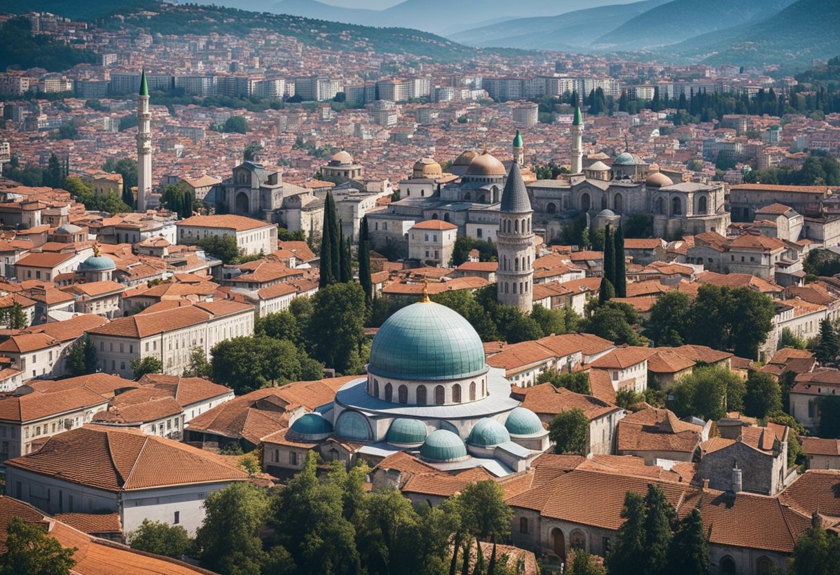 A panoramic view of Balkan cities with Ottoman architecture, bustling markets, and mosques, showcasing the lasting influence of the Ottoman Empire