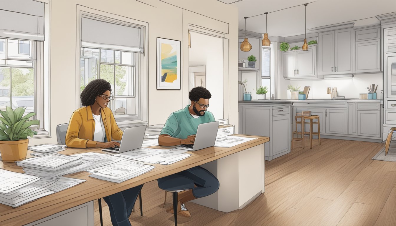 A homeowner fills out loan forms at a desk, surrounded by renovation plans and a laptop displaying the HSBC website