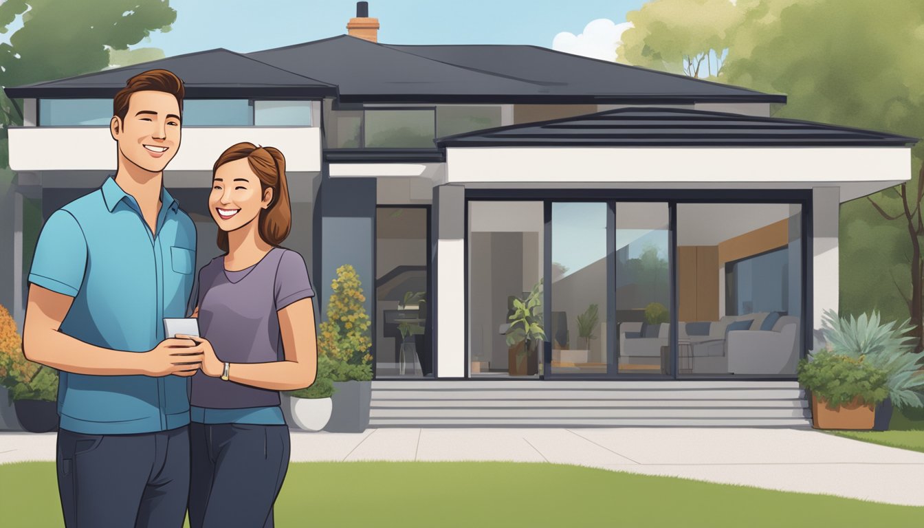 A couple stands in front of their newly renovated home, smiling as they admire the modern upgrades. A sign with "Maximising Your Renovation Loan" from HSBC is displayed prominently in the background