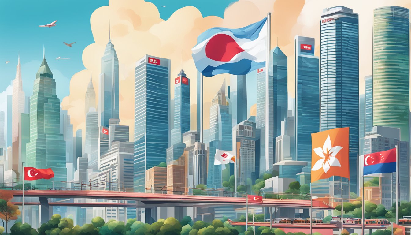 A bustling cityscape with iconic landmarks and a prominent HSBC bank branch, featuring a vibrant display of bonus points rewards and the Singaporean flag