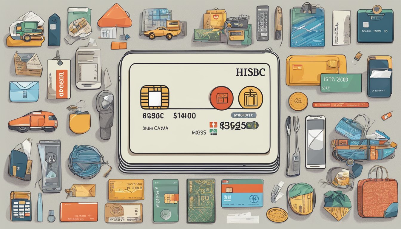 A credit card with "HSBC Revolution" printed on it, surrounded by various items symbolizing rewards and benefits, such as travel tickets, shopping bags, and dining vouchers