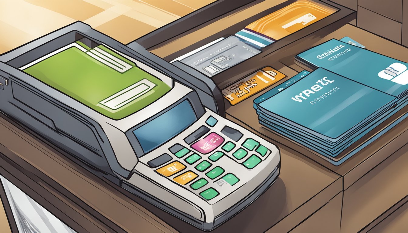 A credit card being swiped at a store, with an image of a rewards catalog in the background showing various items available for redemption