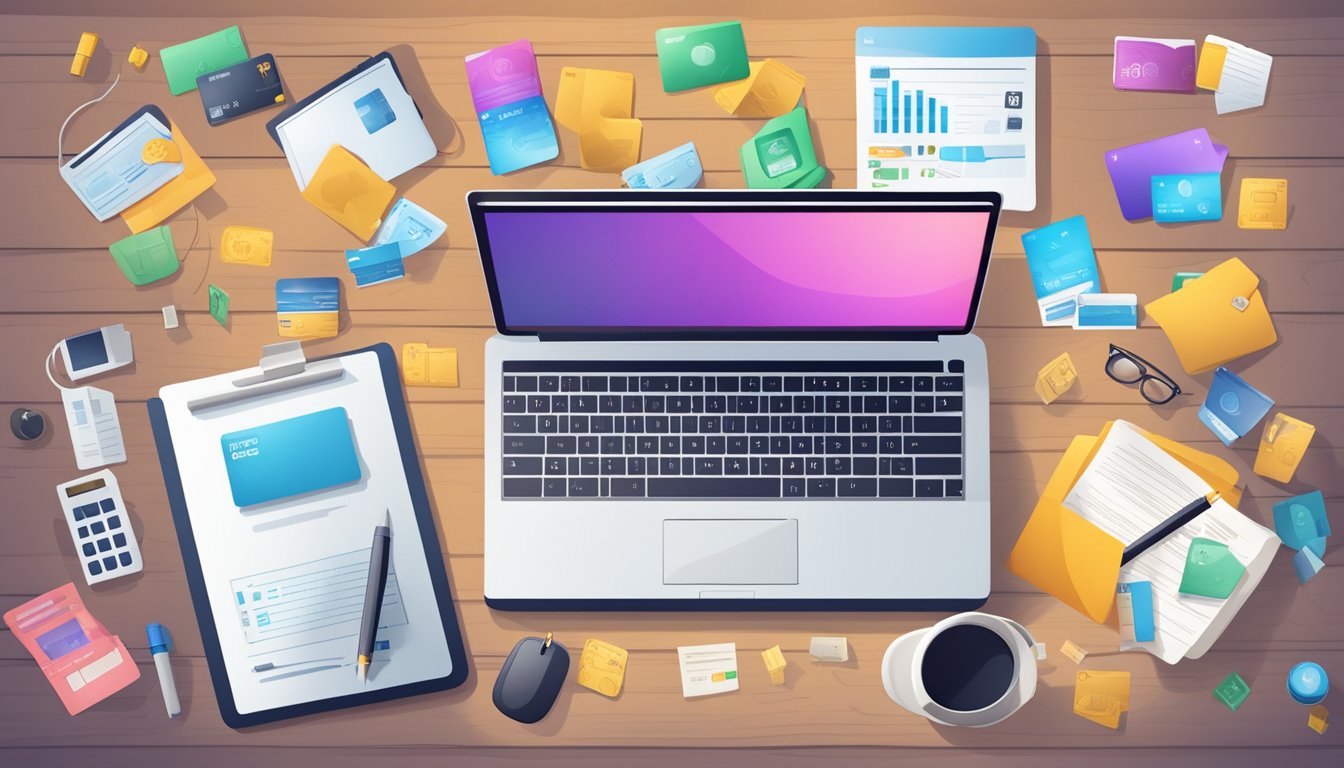 A table with a laptop, credit card, and documents, surrounded by icons of fees and charges