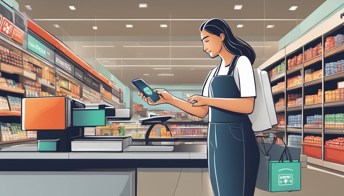 A person swiping a credit card at a store checkout, with a smartphone displaying bonus points and the HSBC Revolution logo in the background