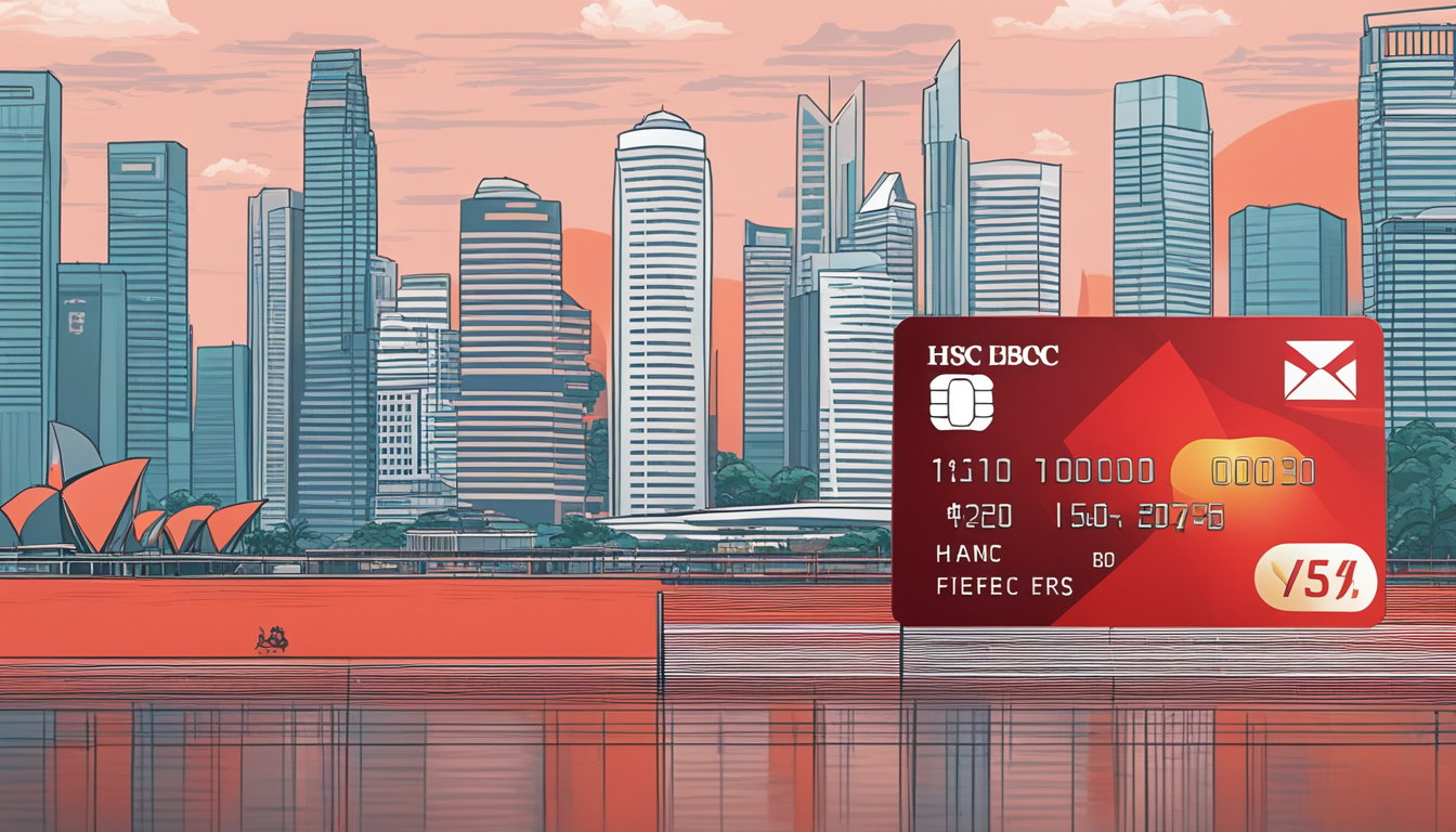 A red HSBC Revolution card stands against a backdrop of the Singapore skyline, with its annual fee prominently displayed