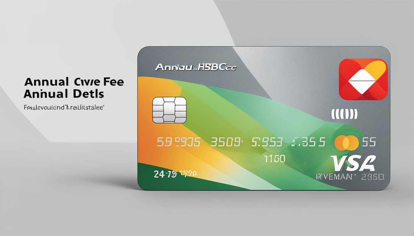 A credit card with "Annual Fee and Waiver Details" displayed prominently, with the HSBC Revolution Card logo visible