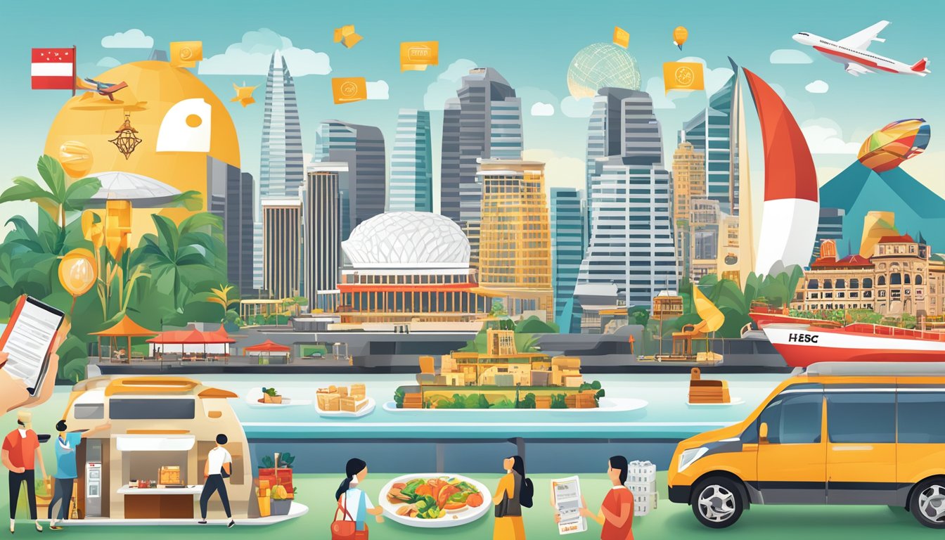 A shiny HSBC Revolution card surrounded by icons of travel, dining, and shopping with a banner displaying "Additional Perks and Offers" in Singapore