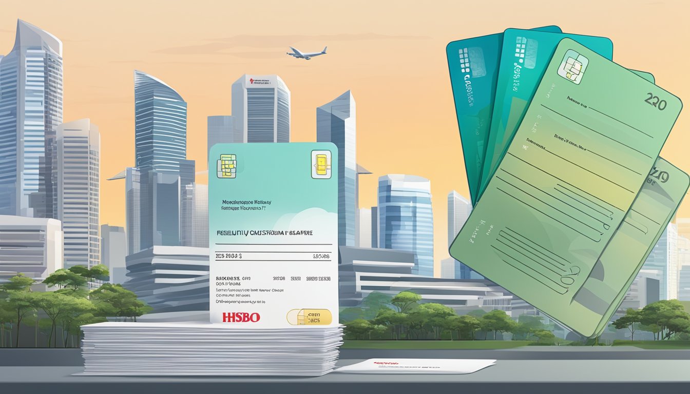A stack of "Frequently Asked Questions" papers with HSBC Revolution Card and annual fee details, set against a backdrop of the Singapore skyline