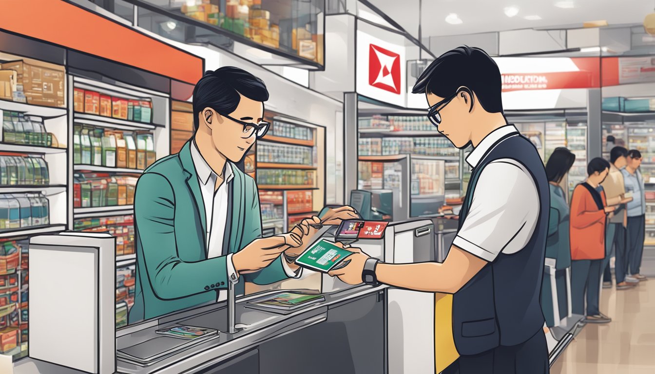 A person in Singapore swiping an HSBC Revolution card to redeem rewards at a local merchant