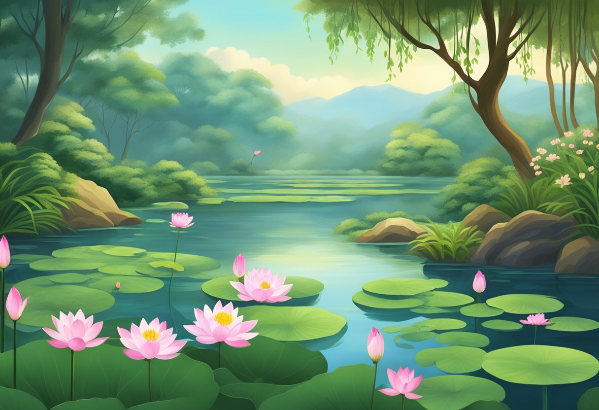 A serene garden with blooming lotus flowers, surrounded by lush greenery and a tranquil pond. A sense of peace and spirituality emanates from the scene
