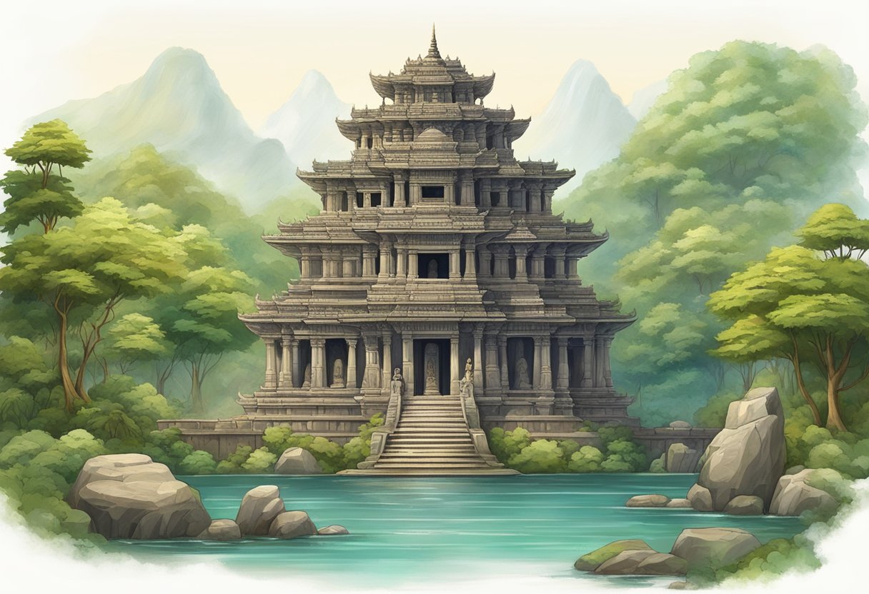 Ancient temple with intricate carvings and statues, surrounded by lush forest and flowing river