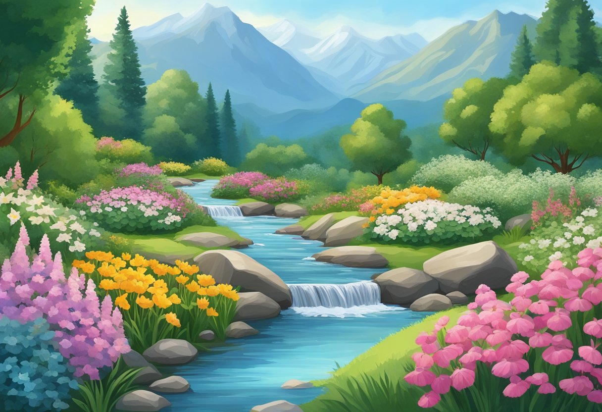 A serene garden with a flowing stream, surrounded by lush greenery and blooming flowers, with a backdrop of mountains and a clear blue sky
