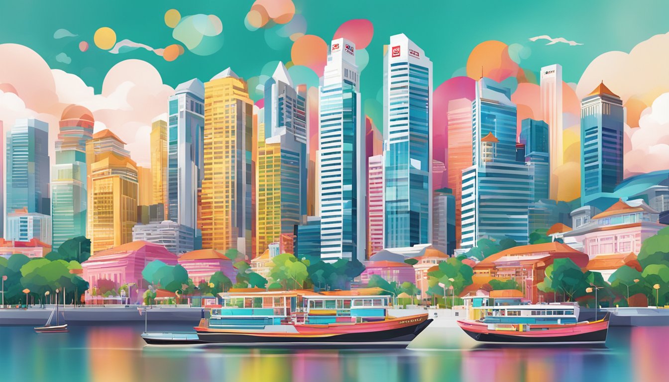 A colorful and dynamic cityscape of Singapore with prominent HSBC Revolution Cashback branding