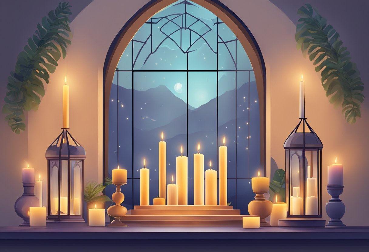 A modern altar with candles, incense, and sacred objects. A serene space with soft lighting and a sense of peace and reverence