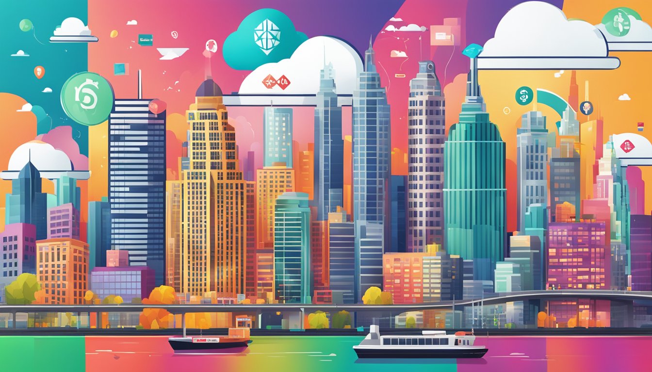 A vibrant, modern city skyline with the HSBC logo prominently displayed, surrounded by colorful cashback symbols and rewards icons