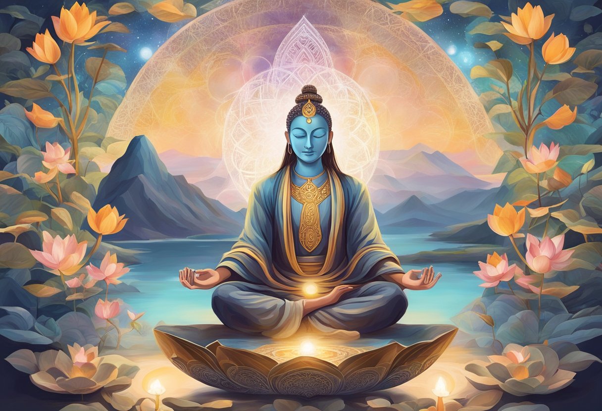 A serene figure meditates in a lotus position, surrounded by symbols of enlightenment and spiritual connection