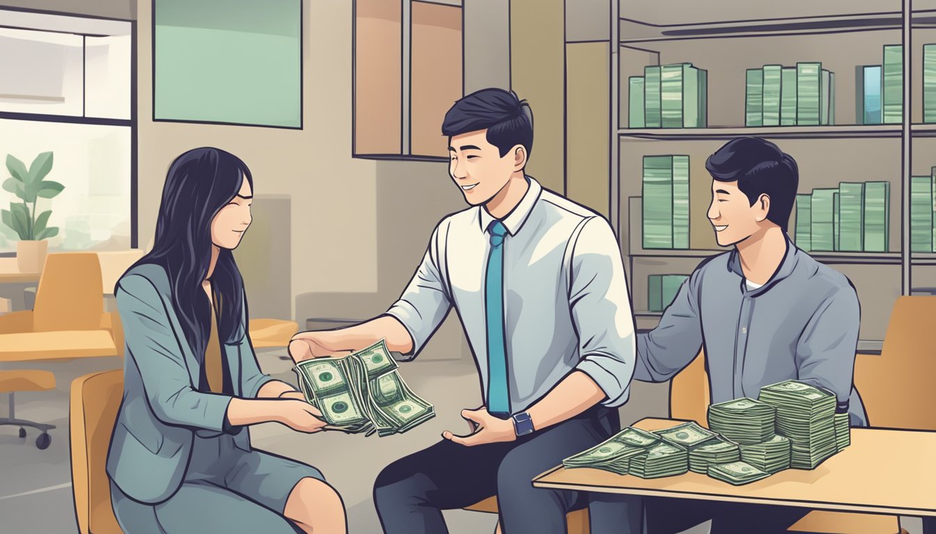 A student receiving cash from a moneylender in Singapore for a personal loan