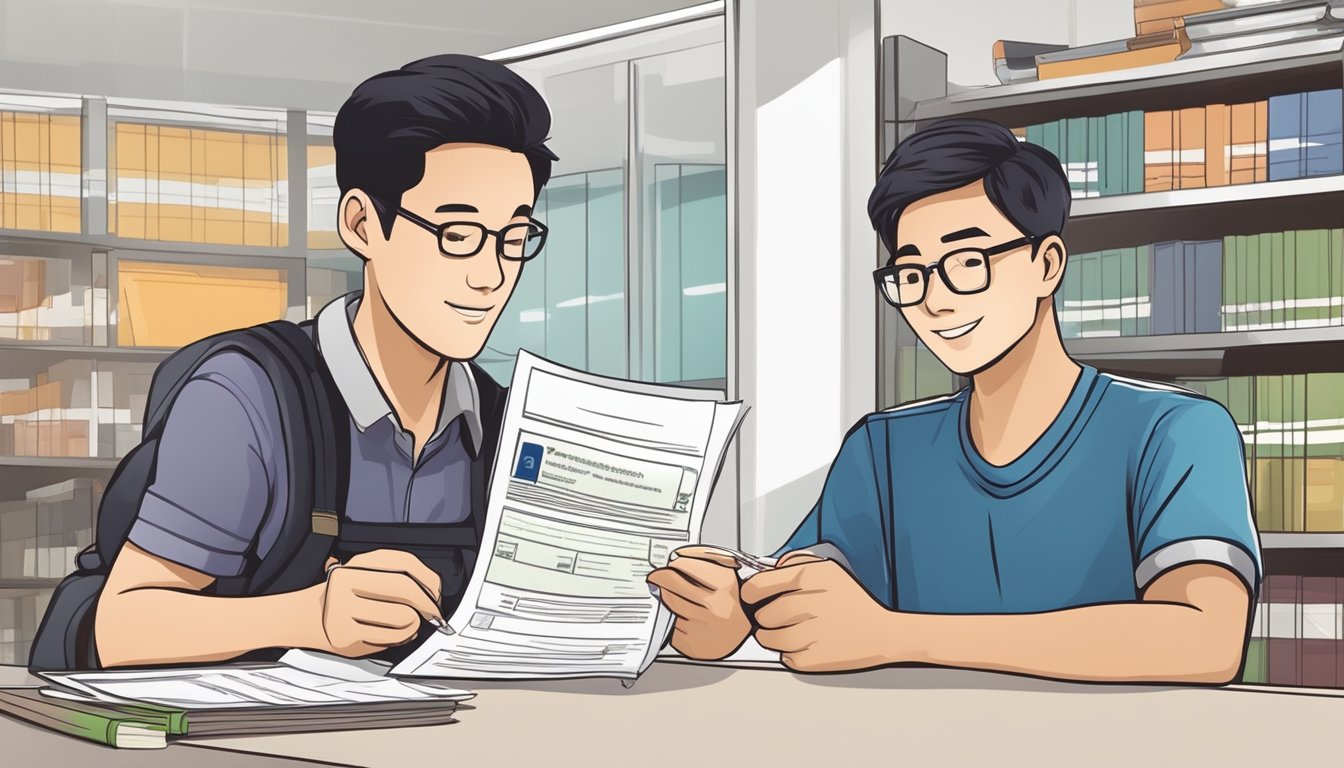 A student holding a Singaporean ID and a completed loan application form, while a moneylender reviews the documents