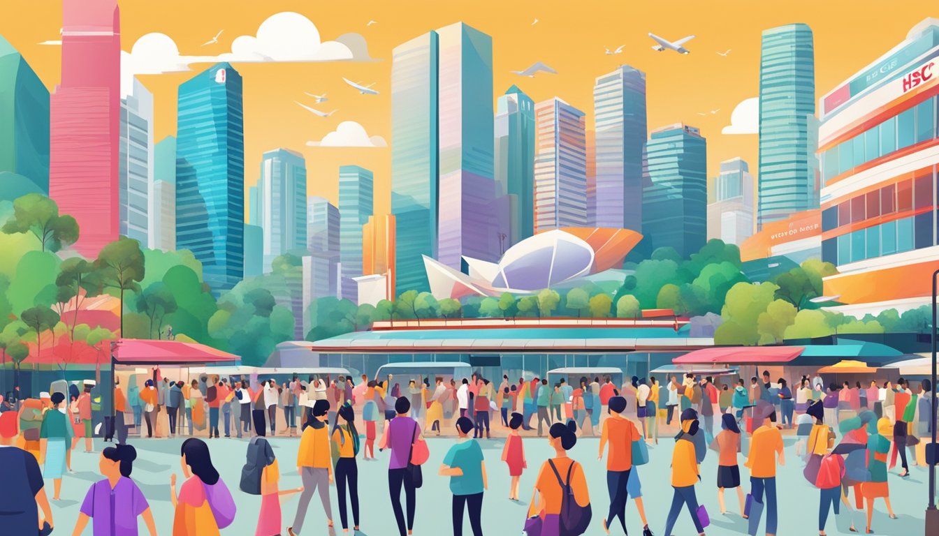 A vibrant cityscape with iconic Singapore landmarks, a modern shopping district, and a diverse crowd of people enjoying the benefits of the HSBC Revolution credit card