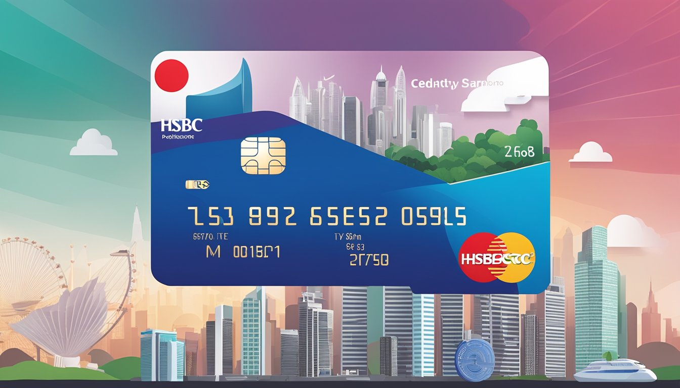 A sleek, modern credit card with the HSBC logo prominently displayed, against a backdrop of iconic Singapore landmarks